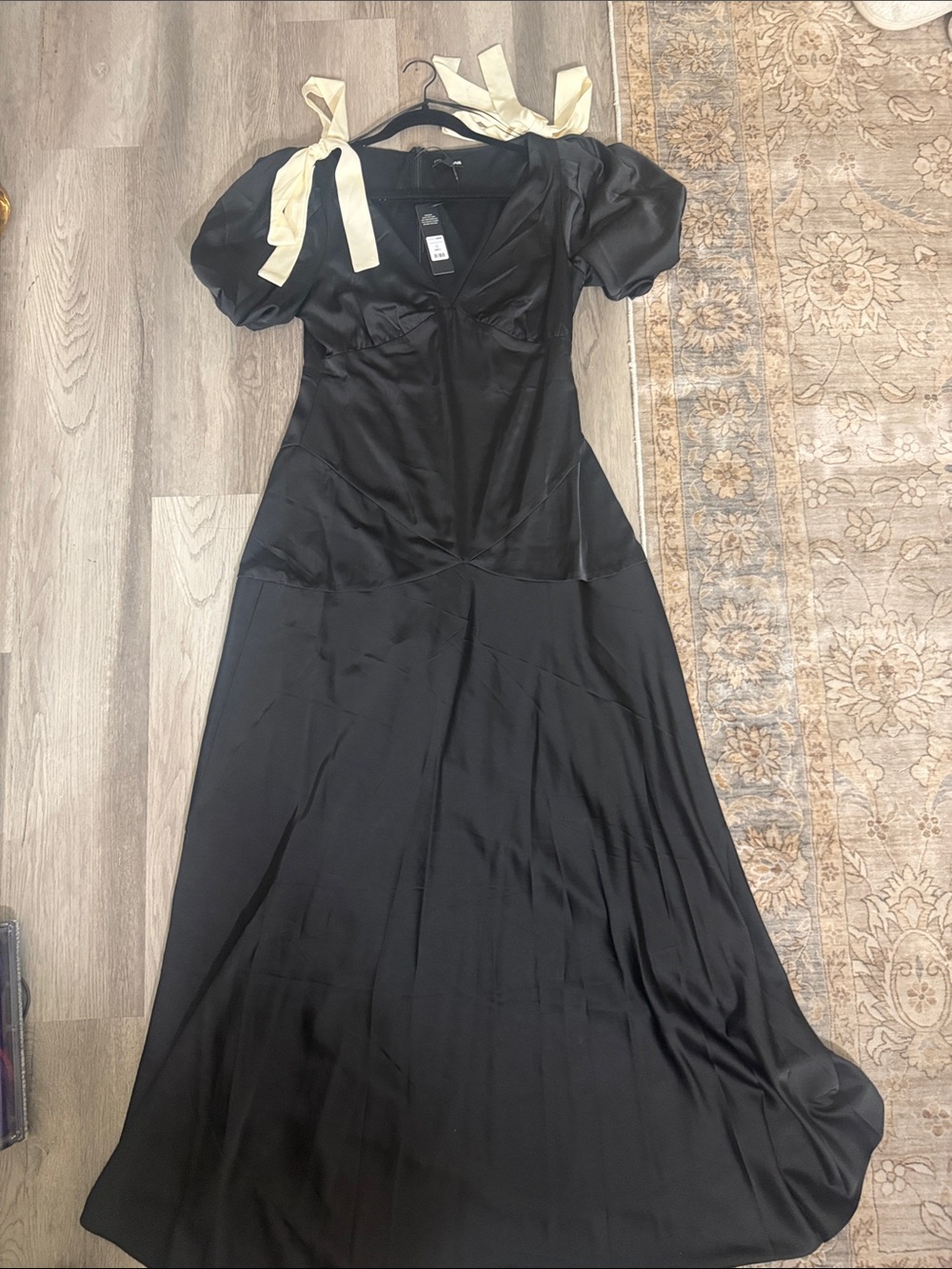 Fashion Nova Black Satin Maxi Dress with Cream Tie Straps
